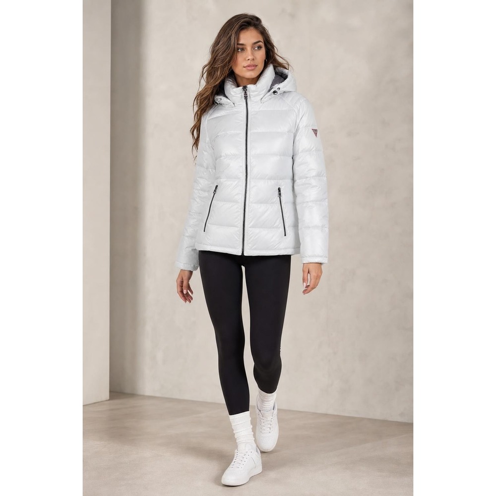 NEW Guess Puffer Jacket Women's L White Hooded Winter Coat Ski Après Snow Coat